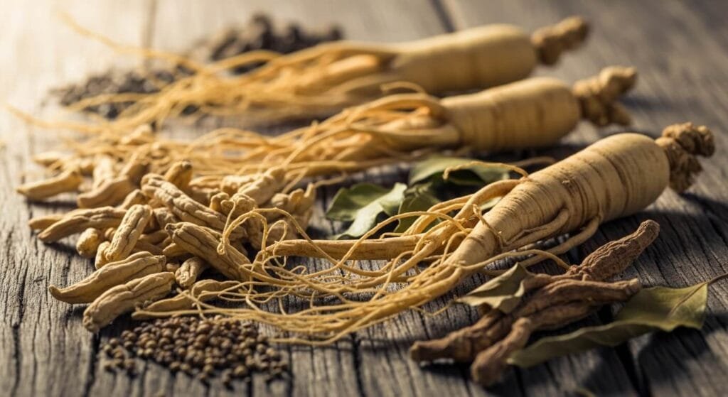 Close-up of natural ingredients like herbs and roots used in herbal timing tablets.