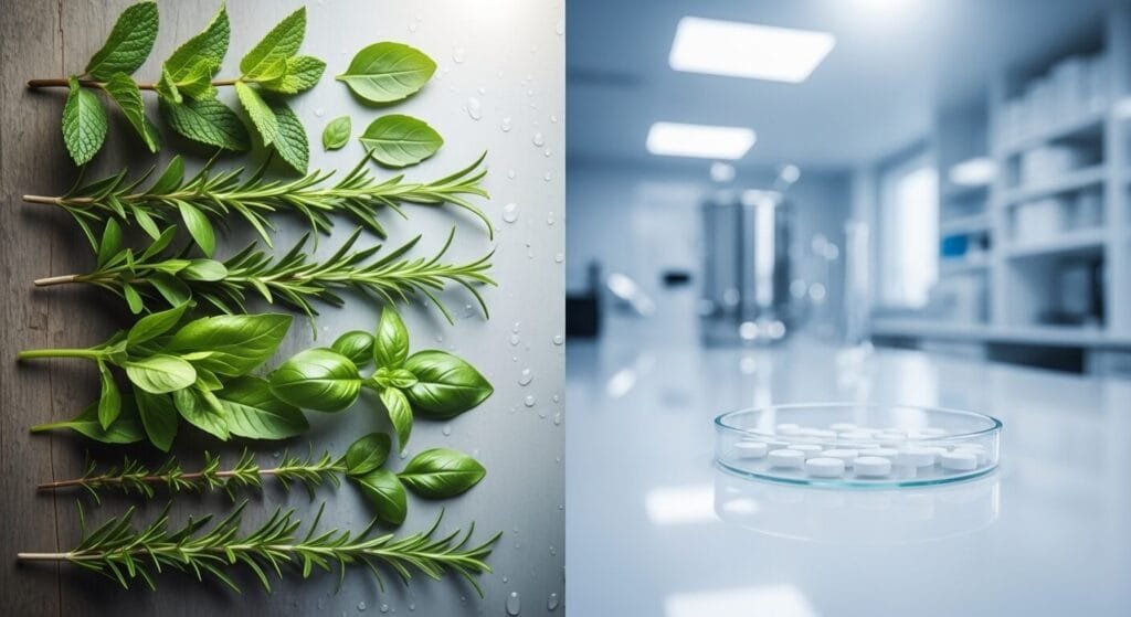 Herbal vs. Pharmaceutical Timing Tablets: The Ultimate Guide showing natural herbs and pills.