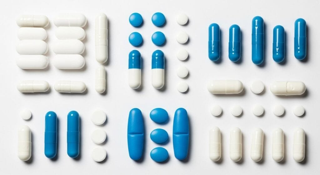 Clinically tested pharmaceutical timing pills neatly arranged on a sterile background.