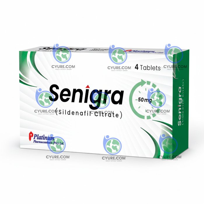 Senigra 50mg (Sildenafil Citrate) tablets pack of 4, often prescribed as the standard starting dose for Erectile Dysfunction (ED) treatment.
