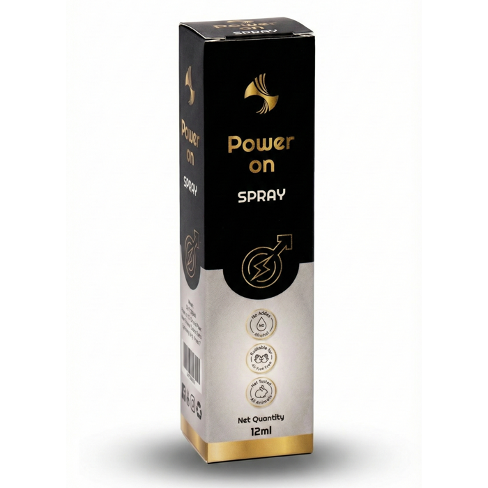 Power On Spray Packaging with Vitamin E - Authentic Sexual Wellness Product.