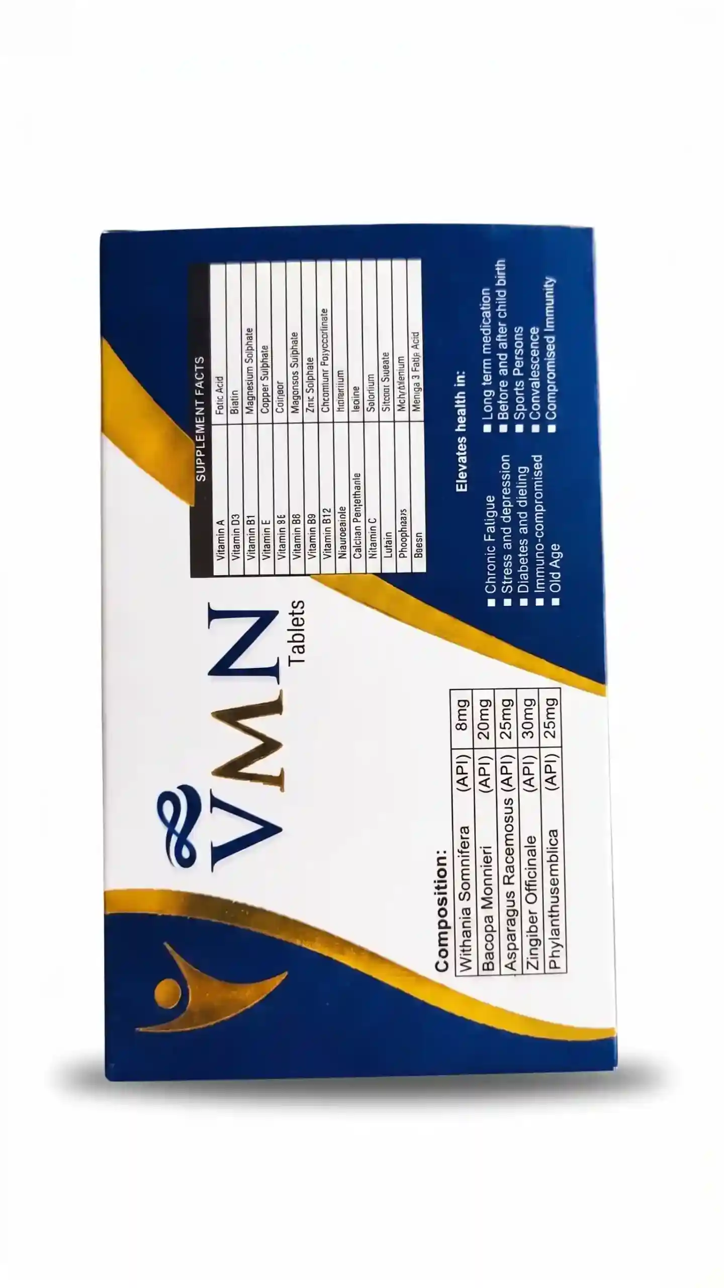 VMN Tablets back side showing composition, supplement facts and usage details